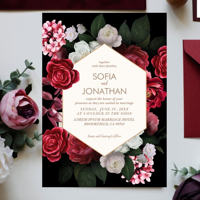 Modern Black Maroon Rustic Floral Fall Wedding  Invitation (Creator Uploaded)