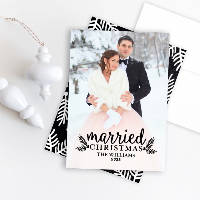 Modern Black Married Christmas Wedding Photo Holiday Card (Creator Uploaded)