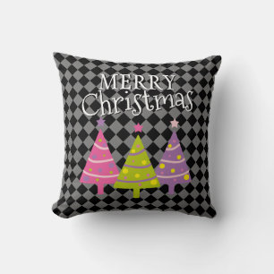 Modern Black Merry Christmas Pink Trees  Throw Pillow