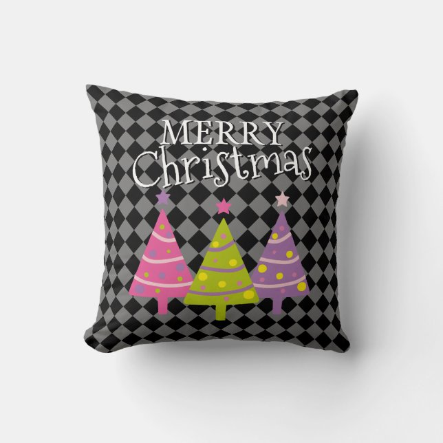Modern Black Merry Christmas Pink Trees  Throw Pillow (Front)