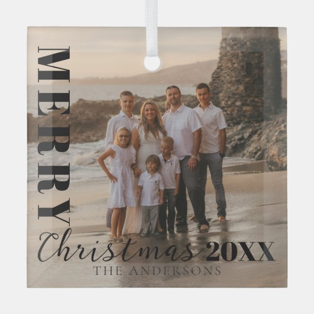 Modern Black Merry Christmas Script Photo Glass Ornament (Front)