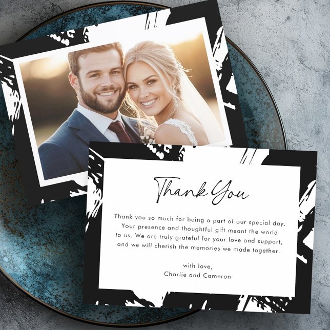 Modern black messy brushstrokes photo wedding thank you card (Modern black messy brushstrokes photo wedding thank you card)