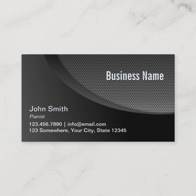 Modern Black Metal Mesh Pianist Business Card (Front)