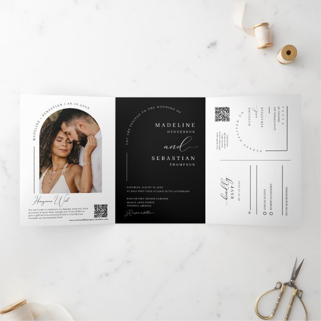 Modern Black Minimal Arch Photo QR Code Wedding Tri-Fold Invitation (Inside)
