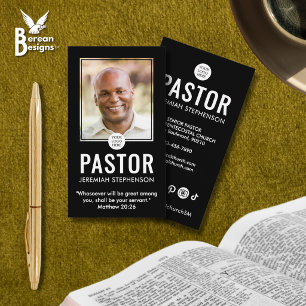 Modern Black Minimal Photo QR Logo Church Pastor Business Card