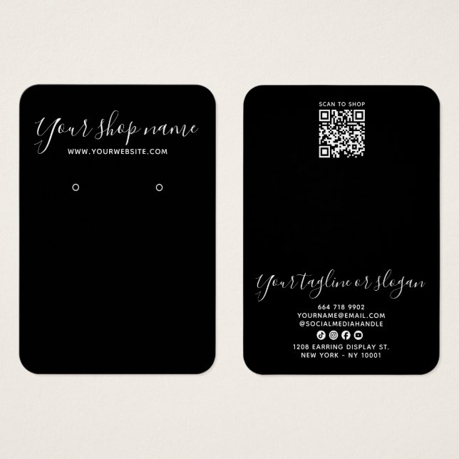 Modern Black Minimal Script Earring Display Card (Front & Back)