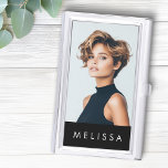 Modern black minimalist custom photo business card holder<br><div class="desc">Vertical business card case with your name and photo.</div>