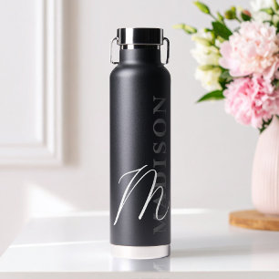 Modern Black Minimalist Initial Monogram Water Bottle