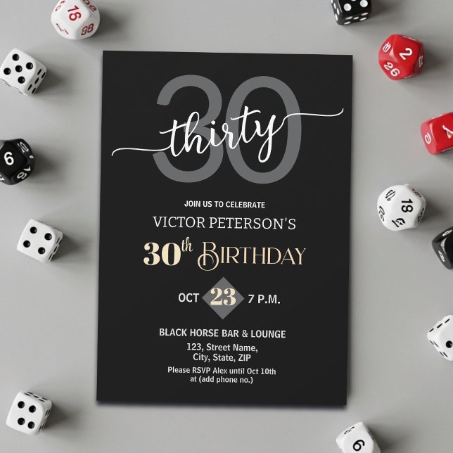 Modern Black Minimalist Men 30th Birthday Party Invitation (Creator Uploaded)