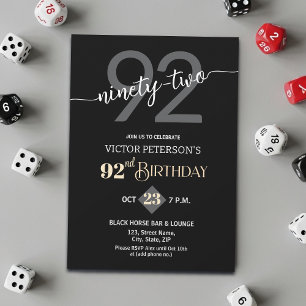 Modern Black Minimalist Men 92nd Birthday Party Invitation