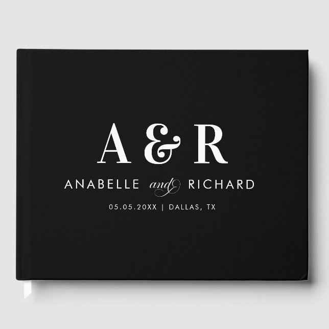 Modern Black Minimalist Monogram Simple Wedding Guest Book (Front)
