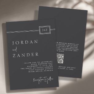 Modern Black Minimalist Monogram Wedding QR Code Invitation