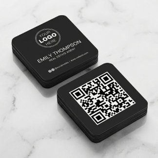 Modern Black Minimalist QR Code Social Media Square Business Card