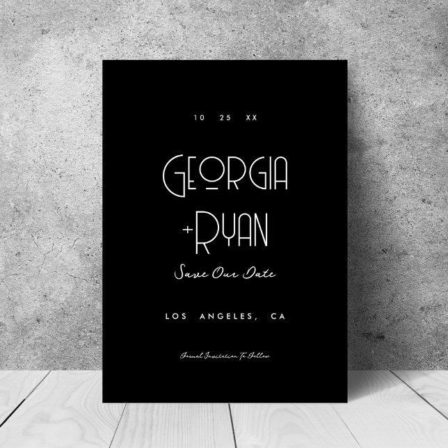 Modern Black Minimalist Retro Art Deco Wedding Save The Date (Creator Uploaded)