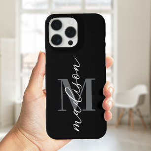 Modern Black Minimalist Script Monogram iPhone 16 Pro Max Case