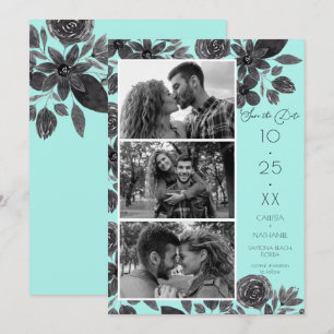 Modern Black Mint Floral Watercolor Photo Wedding Save The Date