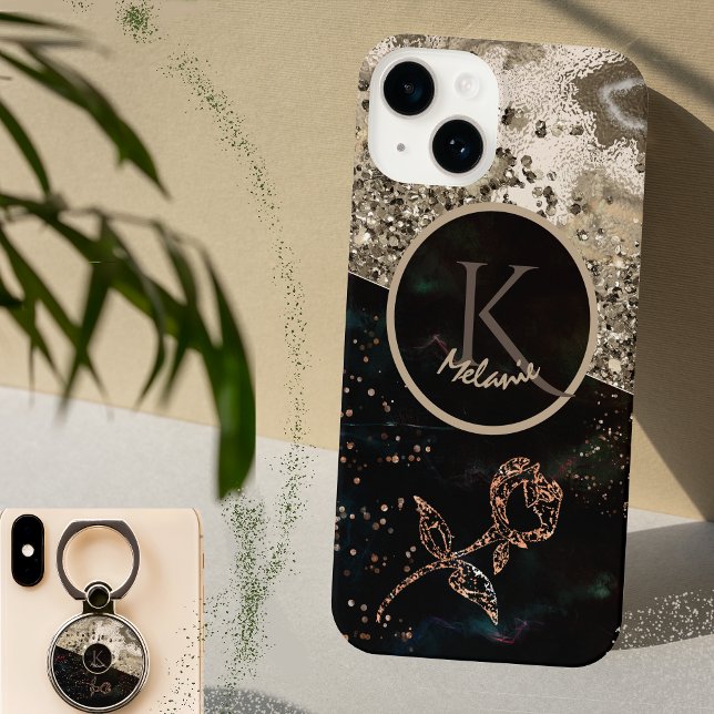 Modern Black  Monogram Classy Rose Phone Case (Black Monogram Classy Phone Case)