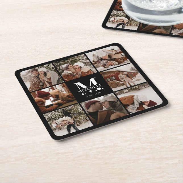 Modern Black Monogram Initial Family Name &  Photo Square Paper Coaster (Angled)