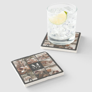 Modern Black Monogram Initial Family Name & Photo Stone Coaster