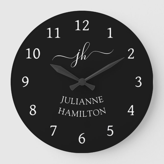 Modern Black Monogram Name Large Clock (Front)