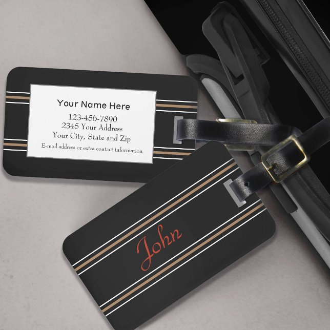 Modern Black Monogrammed Name Striped Travel Luggage Tag (Creator Uploaded)