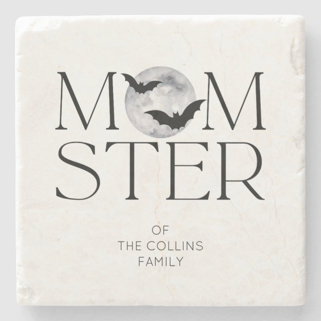 Modern Black Moon Bats Halloween Momster Mom Stone Coaster (Front)