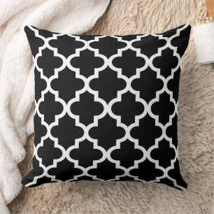 Modern Black Moroccan Quatrefoil Pattern Throw Pillow
