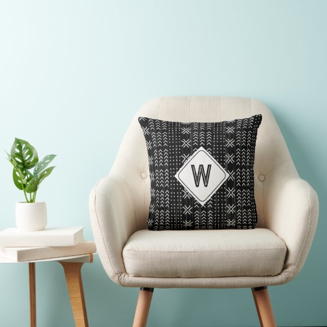 Modern Black Mudcloth African Monogram Throw Pillow (Chair)