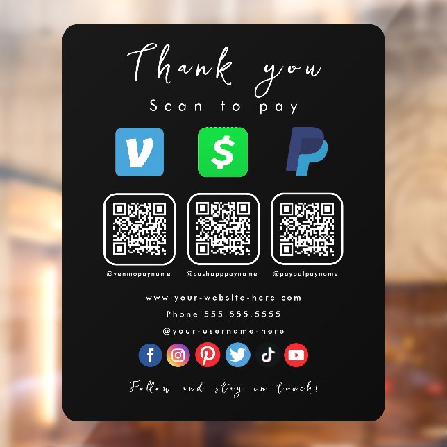 Modern Black Multi QR Code Paypal Venmo Cash App Window Cling (Sheet 2)