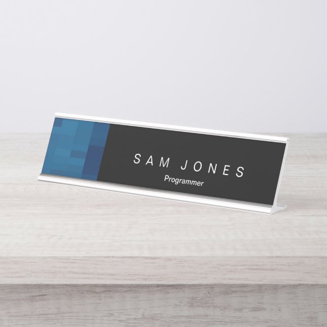 Modern Black N Blue Pixel Desk Name Plate (Front)