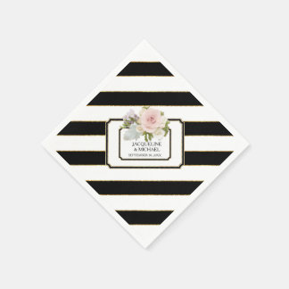Modern Black n White Striped Rose Bridal Shower Napkin