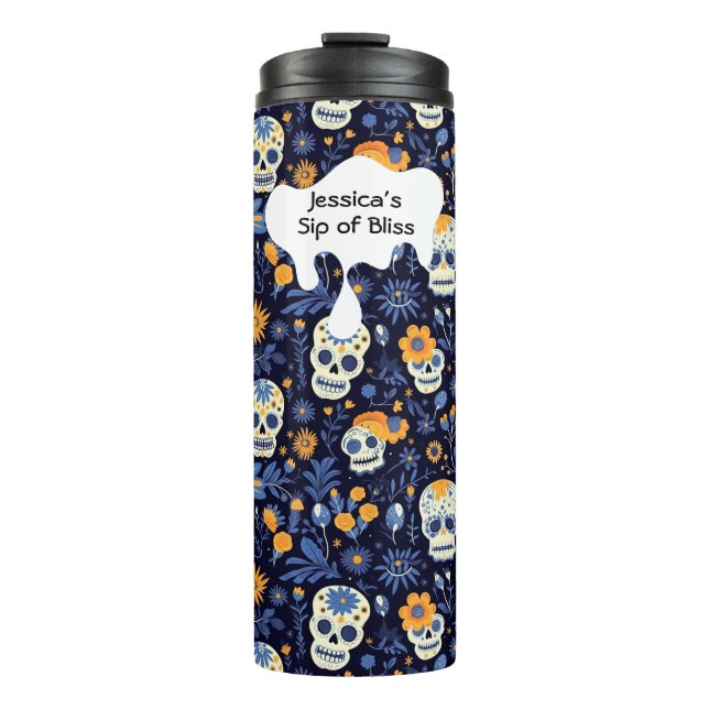 Modern Black Navy Customize Halloween Gift Skull  Thermal Tumbler (Front)
