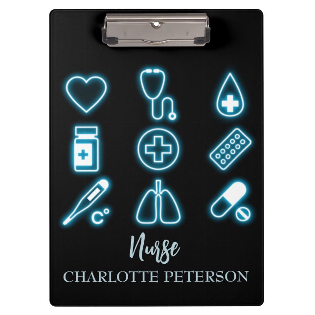 Modern Black & Neon Medical Icon Custom Nurse  Clipboard (Front)