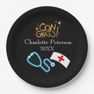 Modern Black Nurse Graduation Party Paper Plate