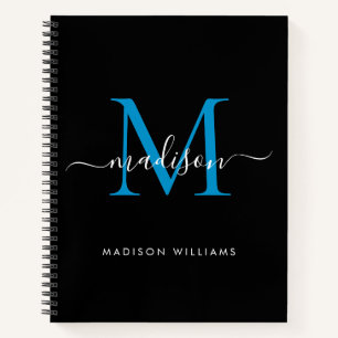 Modern Black Ocean Blue Girly Monogram Script Name Notebook