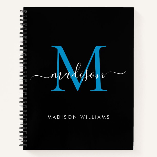 Modern Black Ocean Blue Girly Monogram Script Name Notebook (Front)
