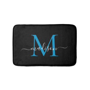 Modern Black Ocean Blue Monogram Script Elegant Bath Mat