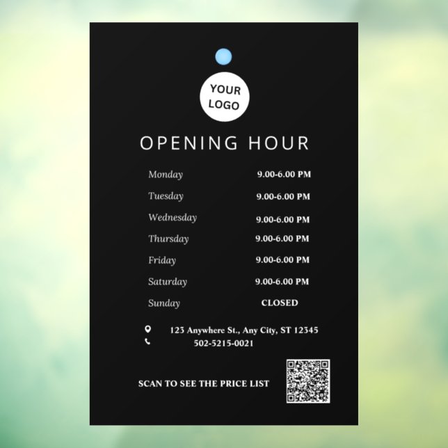 Modern Black Opening Hours Logo and QR Code Window Cling (Sheet 3)