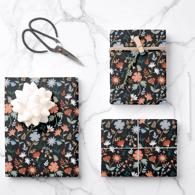Modern Black Orange Blue Botanical Floral Pattern  Wrapping Paper Sheet (Modern Black Orange Blue Botanical Floral Pattern Wrapping Paper Sheets from Studio Posies. )