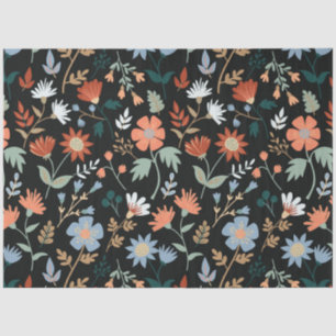 Modern Black Orange Blue Leaves Floral Tissue Paper