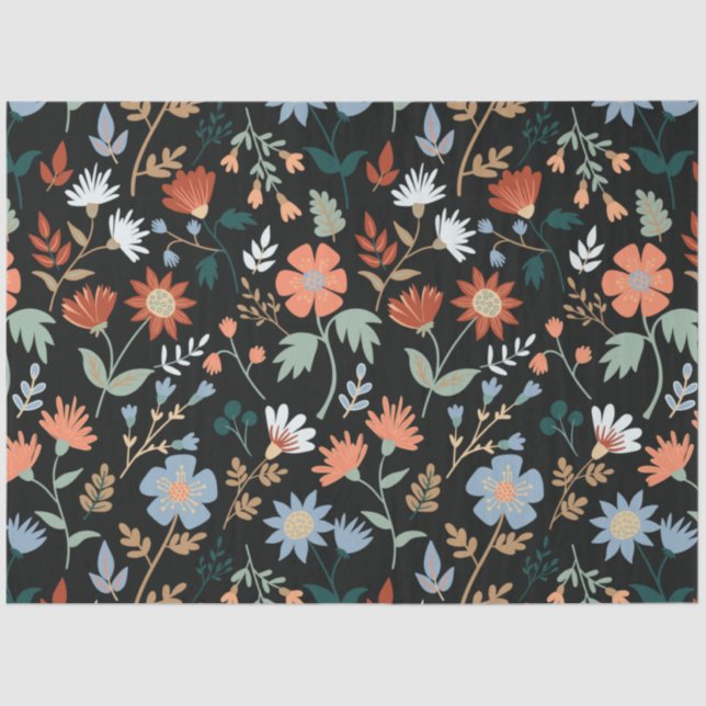 Modern Black Orange Blue Leaves Floral Tissue Paper (Front)