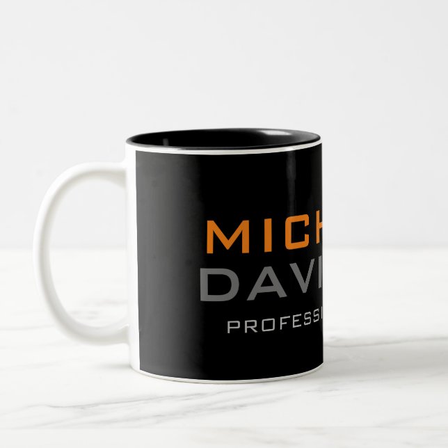 Modern Black Orange Bold Text Minimalist Elegant Two-Tone Coffee Mug (Left)