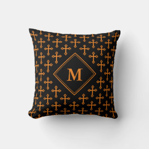 Modern Black Orange CROSS Monogram Throw Pillow