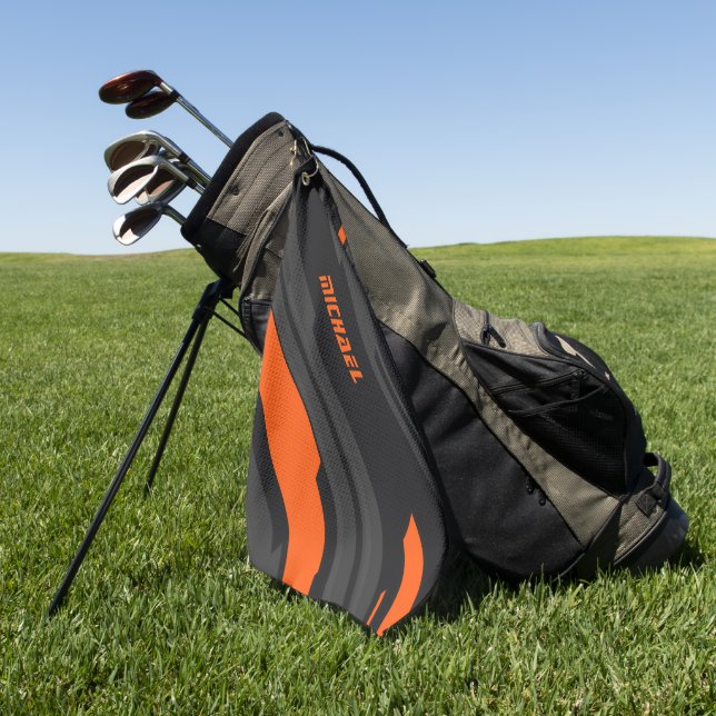 Modern Black Orange Geometric Name Golf Towel (Green)
