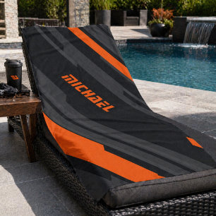 Modern Black Orange Geometric Name Sports Beach Towel