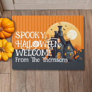 Modern Black Orange Haunted House Family  Doormat