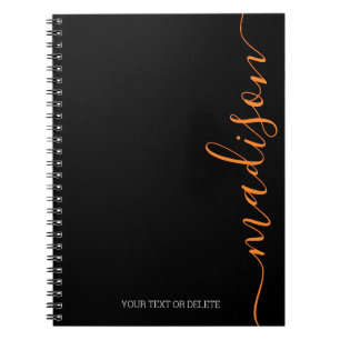 Modern Black Orange Name Monogram Initial Notebook