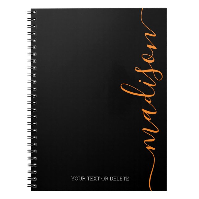Modern Black Orange Name Monogram Initial Notebook (Front)