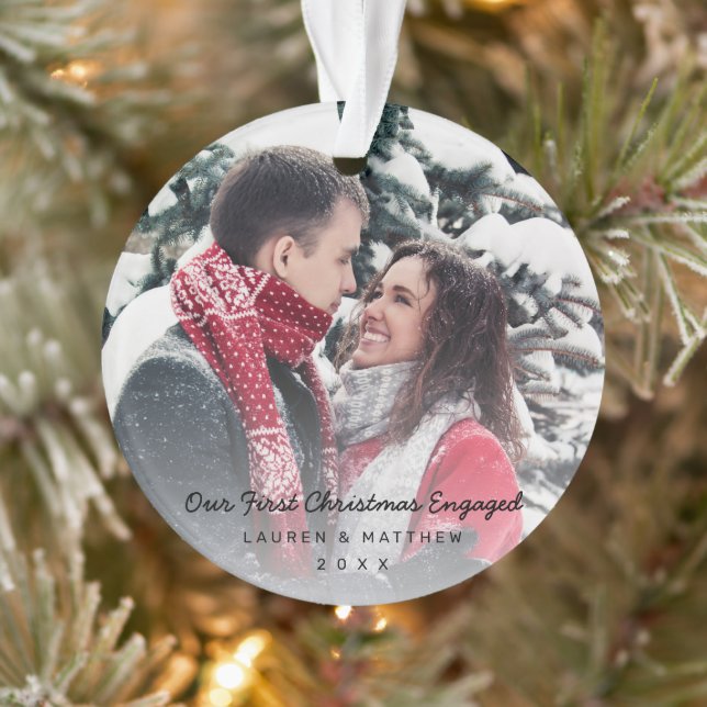 Modern Black Our First Christmas Engaged Photo Ornament (Tree)
