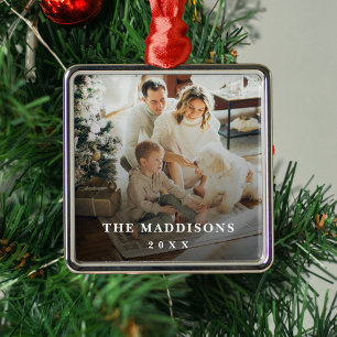 Modern Black Overlay Personalized Photo and Texts Metal Ornament